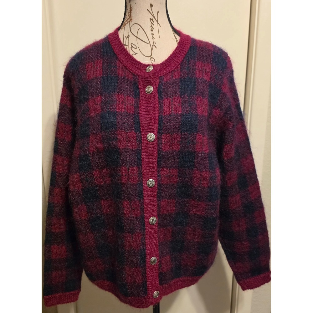 James Pringle Weavers Mohair Blend Plaid Cardigan Sweater Red Navy Blue Large